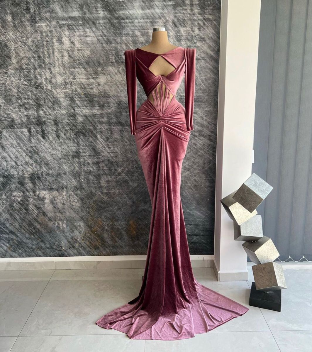 Girlhomeshops-Sexy long-sleeved velvet floor-length prom dress gh5429