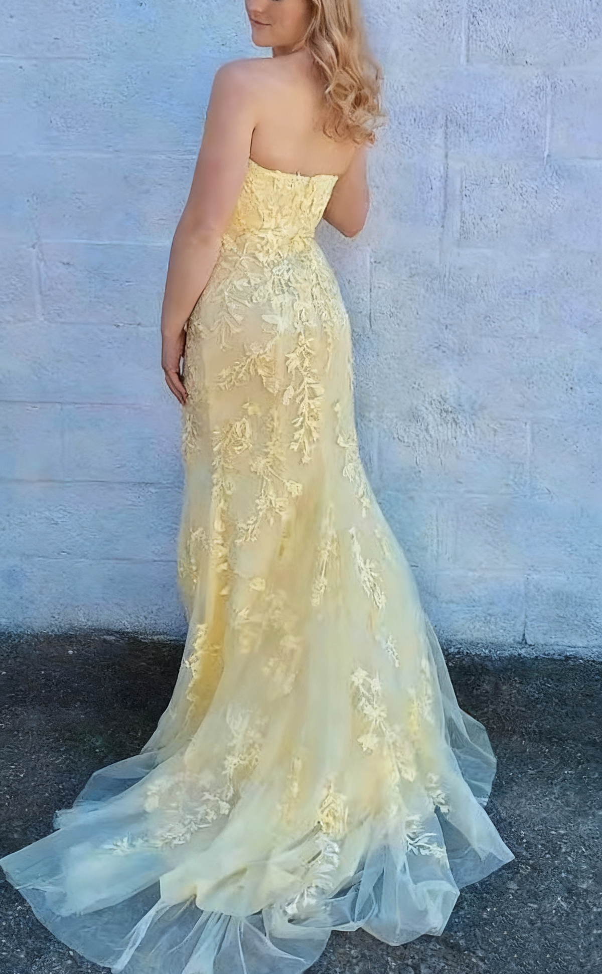 girlhomeshops-Yellow floral long slit floor-length tulle prom dress ball gown gh5922