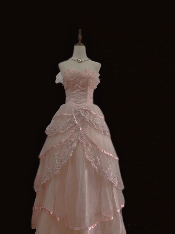 Fairy Ball Gowns Strapless Pink Lace Prom Dress Long Prom Dresses