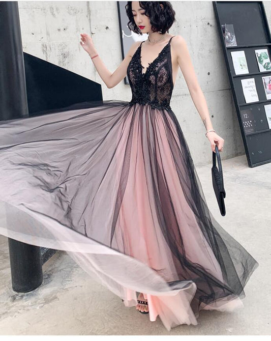 Fashionable Pink And Black Tulle V-Neckline Prom Dresses, Pink Lace Applique Prom Gowns