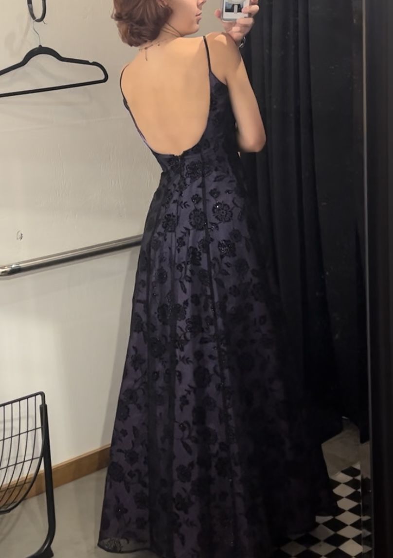 Purple & Black Gradient Floral Embroidery Camisole Dress: Deep V Open Back, Fitted Maxi, Retro Party Sexy Gown gh6609