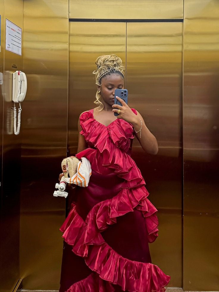 Red Fashion Elegant Long Velvet Satin Splicing Ruffled Ball Gown Evening Dress Party Dress gh3250