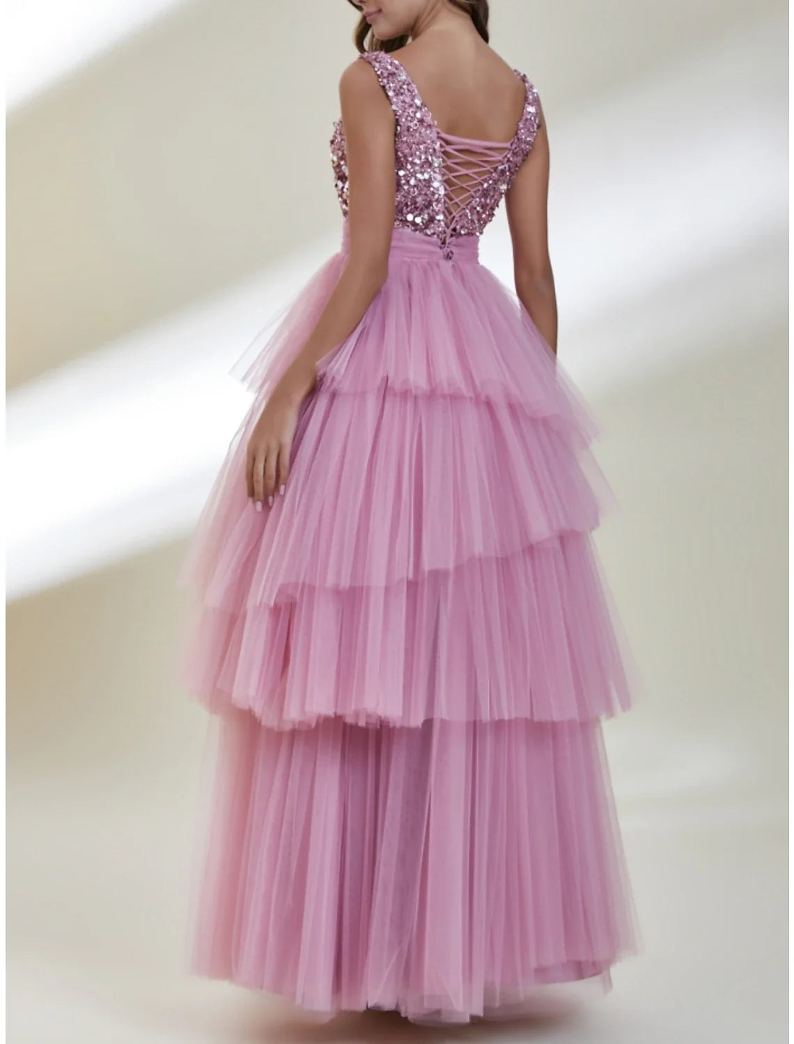 A-Line Prom Dresses Elegant Dress Formal Floor Length Sleeveless V Neck Tulle with Pleats Sequin 2025