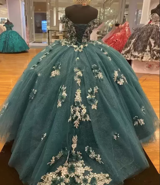 Dark Green Quinceanera Dresses 2022 Off the Shoulder Princess Pageant Ball Gown Flowers Beads Sweet 16 Floor Length Corset Back Birthday Party Wear fg487