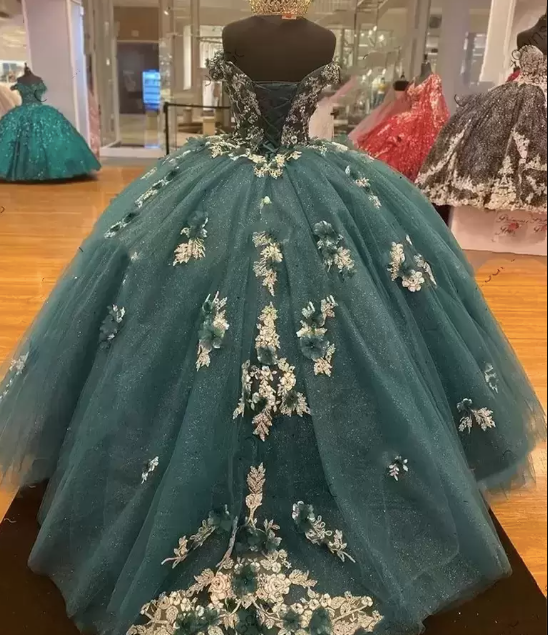 Dark Green Quinceanera Dresses 2022 Off the Shoulder Princess Pageant Ball Gown Flowers Beads Sweet 16 Floor Length Corset Back Birthday Party Wear fg487