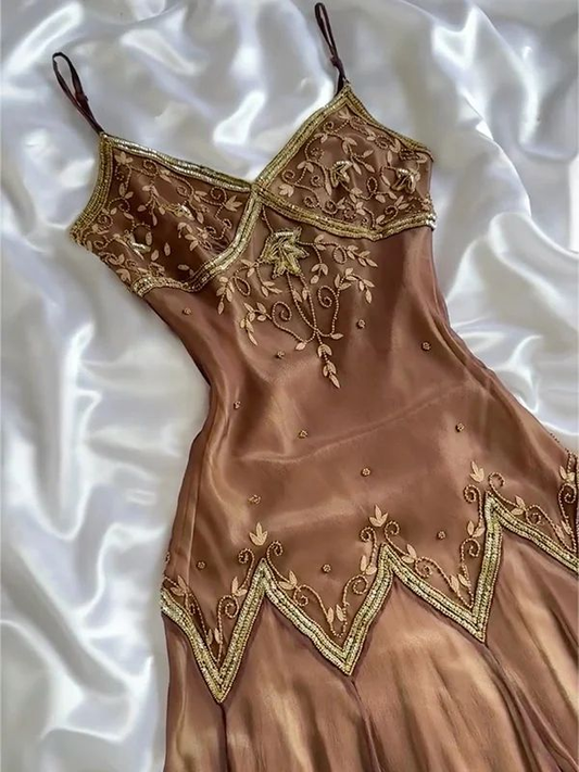 Brown Beaded Prom Dress 21st Birthday Outfit Evening Gowns