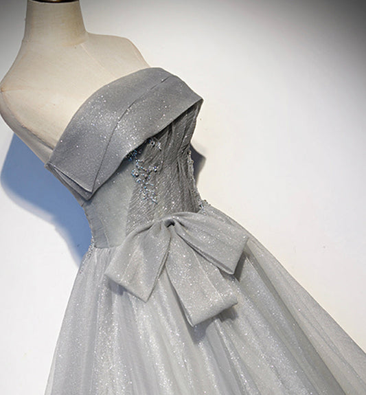 Gray tulle sequins long ball gown dress formal dress 8448
