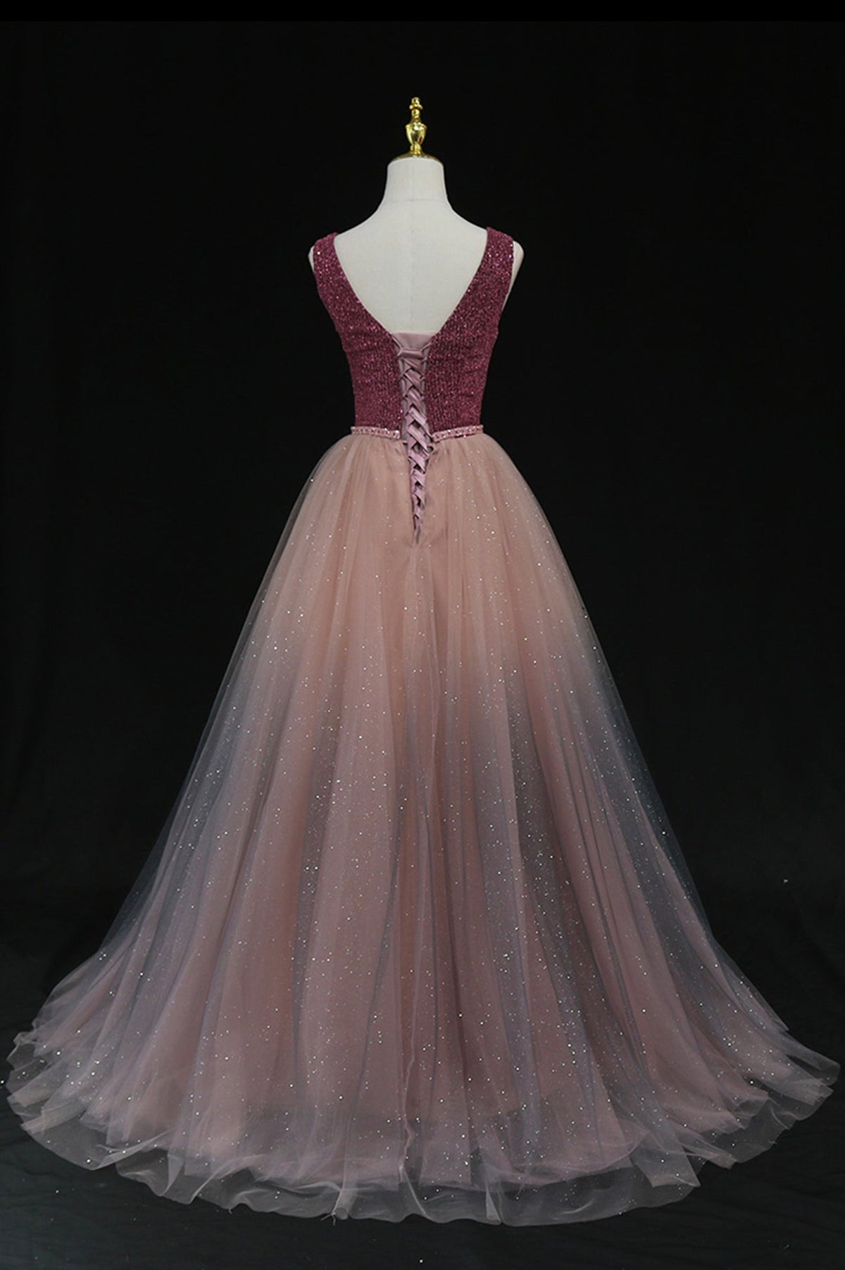 Shiny v neck tulle long prom gown formal dress 8602