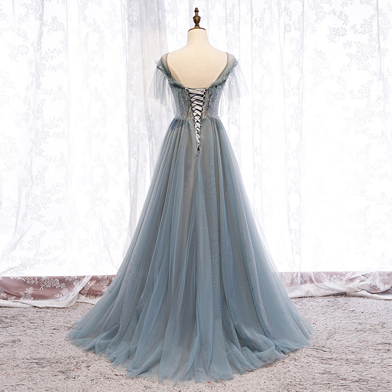 Gray tulle long ball gown dress evening dress 8317