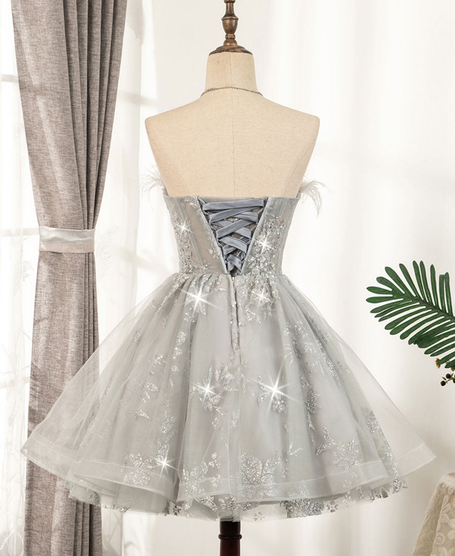 Gray tulle sequins short prom dress 8331