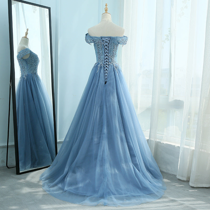 Blue tulle lace long prom dress, blue evening dresses 7960