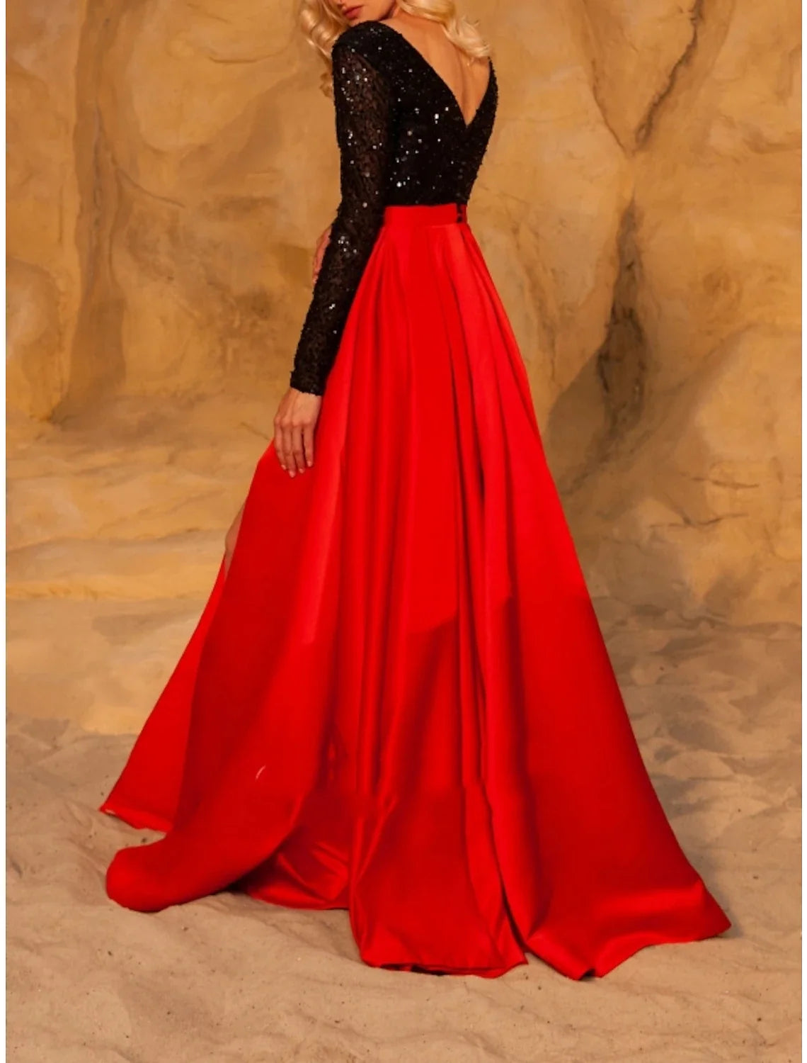 A-Line Evening Gown High Split Dress Formal Wedding Guest Sweep / Brush Train Long Sleeve V Neck Satin with Pleats Slit 2026