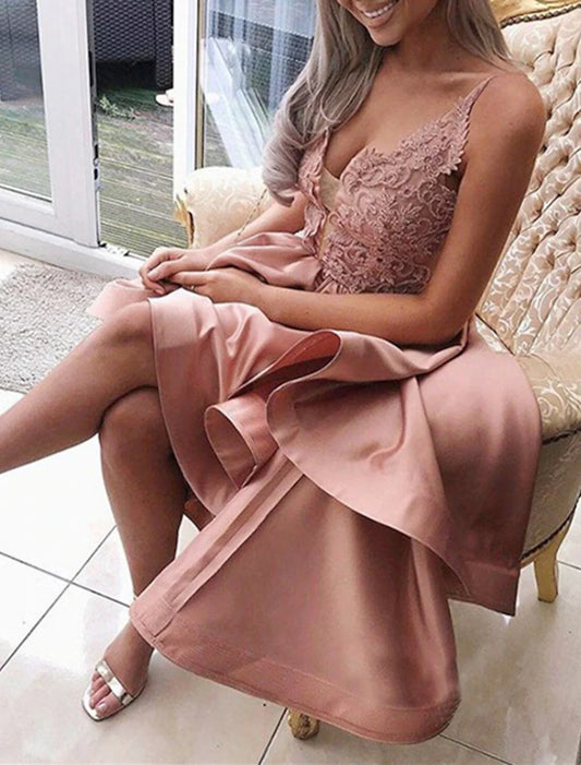 A-Line Homecoming Dresses High Low Dress Graduation Cocktail Party Asymmetrical Sleeveless Spaghetti Strap Pink Dress Charmeuse with Appliques 2026
