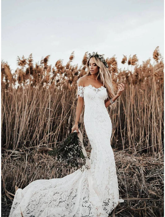 Beach Boho Wedding Dresses Mermaid / Trumpet Off Shoulder Cap Sleeve Chapel Train Lace Bridal Gowns With Appliques Solid Color Summer Wedding Party