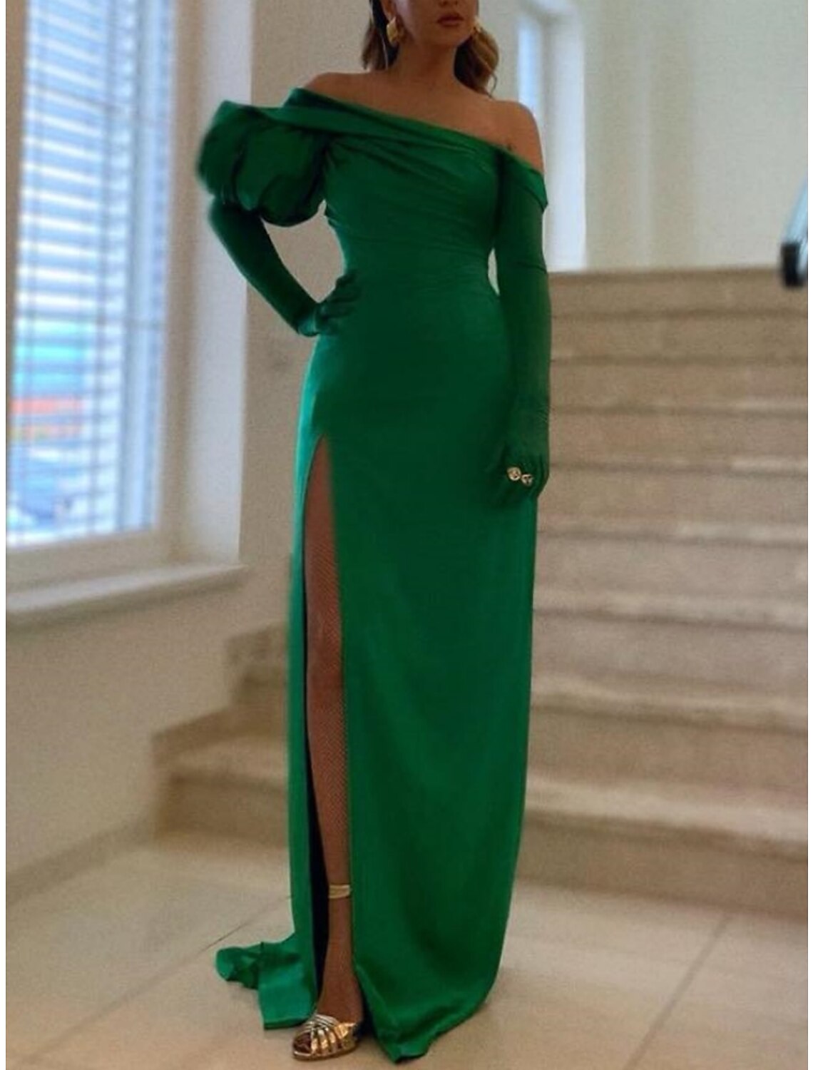 A-Line Evening Gown Elegant Dress Formal Sweep / Brush Train Christmas Red Green Dress Long Sleeve Off Shoulder Satin with Ruched Slit