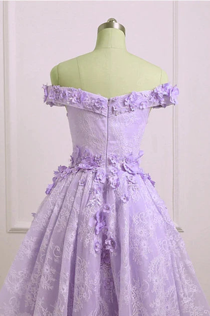 A-Line Adorable Lace Off the Shoulder High Low Cute Sweetheart Homecoming Dress