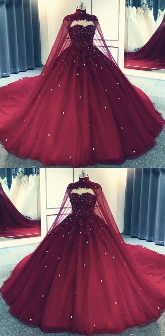 Glam Ball Gowns Quinceanera Dress Lace Applique Beaded Cape, Wine Red Prom Dresses Prom Gown