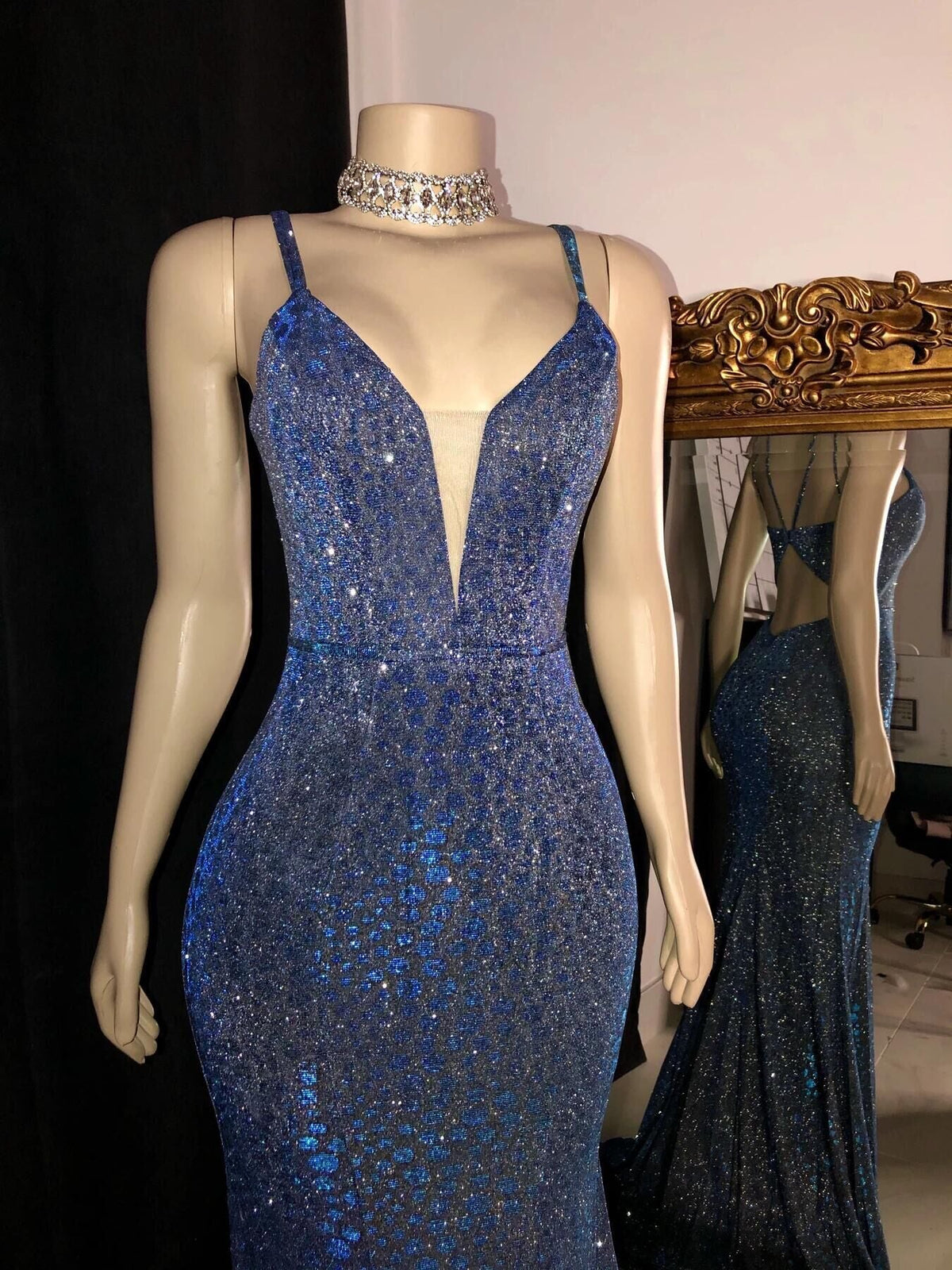 Glitter Mermaid Prom Dresses Long Spaghetti Straps V Neck Open Back Prom Gown
