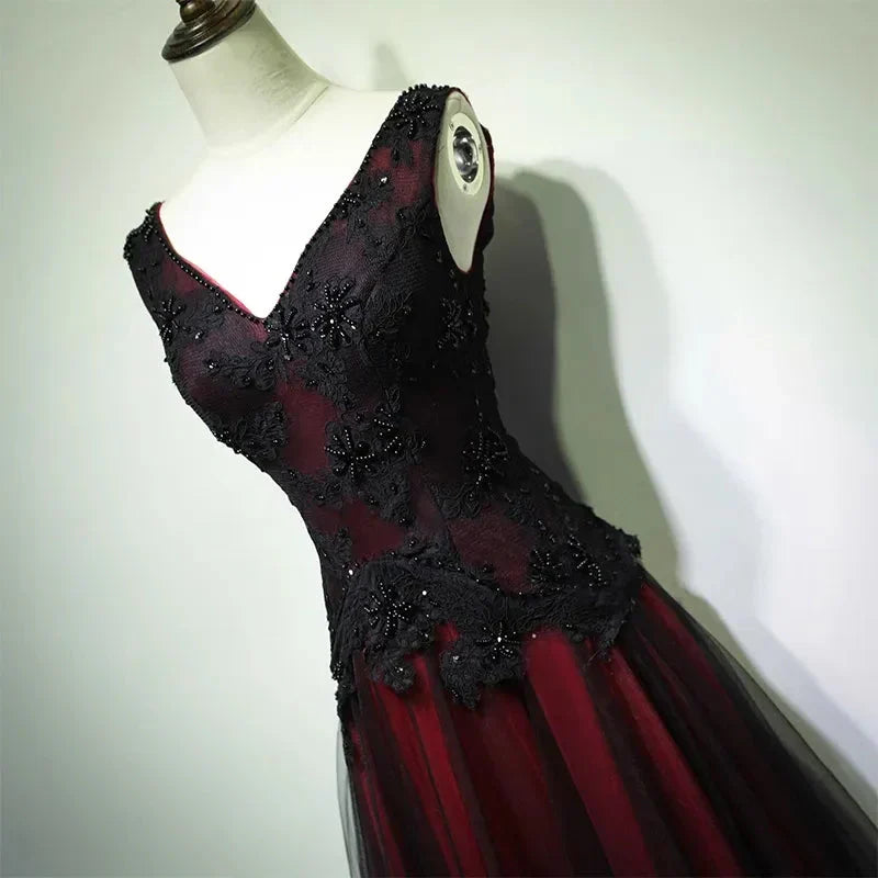 Gorgeous Black And Red V-Neckline Tulle Beaded Prom Dresses, Long Prom Gowns