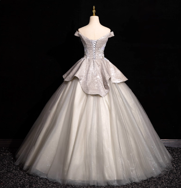 Gorgeous Court Silver-White One-Shoulder Sequin Tulle Long Ball Gown Evening Dresses Sweet 16 Dresses