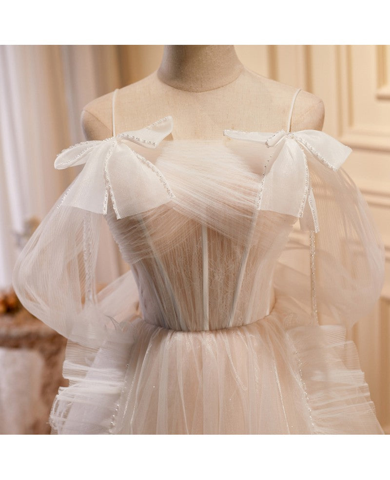 Unique and Noble Ivory Sleeveless Off Shoulder Ball Dress Ivory sheer thin shoulder strap with backless strap prom dress