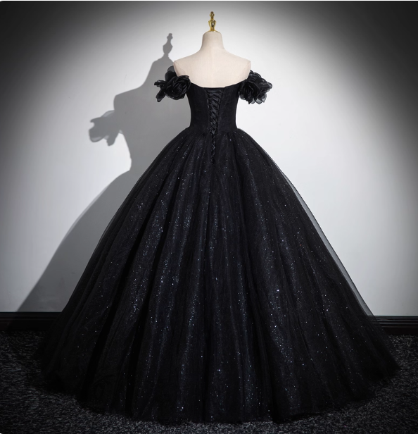 Gothic Court Black Off-The-Shoulder Shimmer Tulle Ball Gown Evening Dresses Sweet 16 Dresses