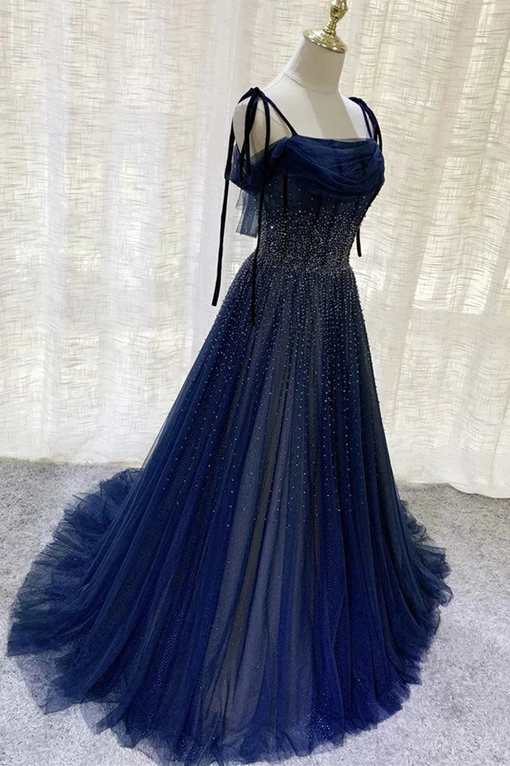 Dark Blue Gorgeous Shiny Sequins Long Elegant Tulle Ball Gowns Prom Dresses