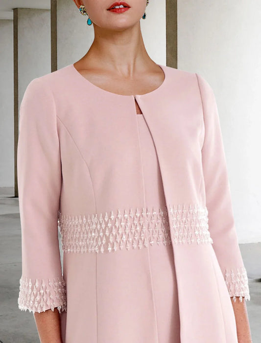 Two Piece Sheath / Column Mother of the Bride Dress Wedding Guest Church Elegant Jewel Neck Knee Length Fabric Short Sleeve Jacket Dresses with Beading Fall