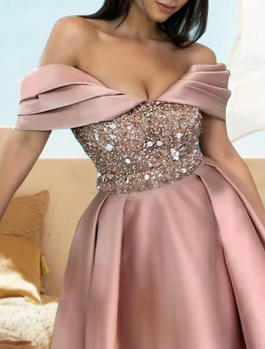 A-Line Cocktail Dresses Sparkle & Shine Dress Party Wear Wedding Party Knee Length Short Sleeve Off Shoulder Satin with Sequin Pure Color