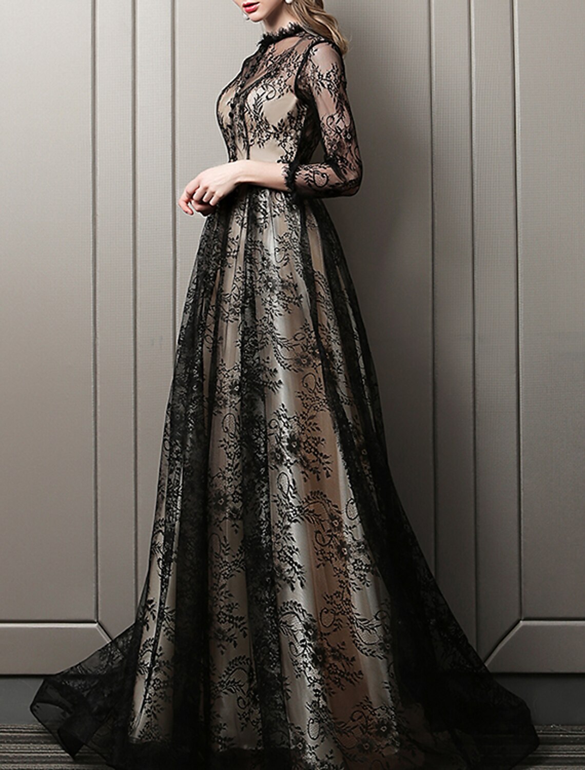 A-Line Evening Gown Cut Out Dress Wedding Guest Formal Evening Sweep / Brush Train 3/4 Length Sleeve Jewel Neck Lace with Pattern / Print 2026