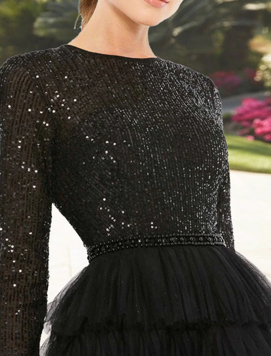 A-Line Cocktail Dresses Sparkle Black Dress Plus Size Party Wear Wedding Guest Tea Length Long Sleeve Jewel Neck Fall Wedding Guest Tulle with Sequin Tiered 2026