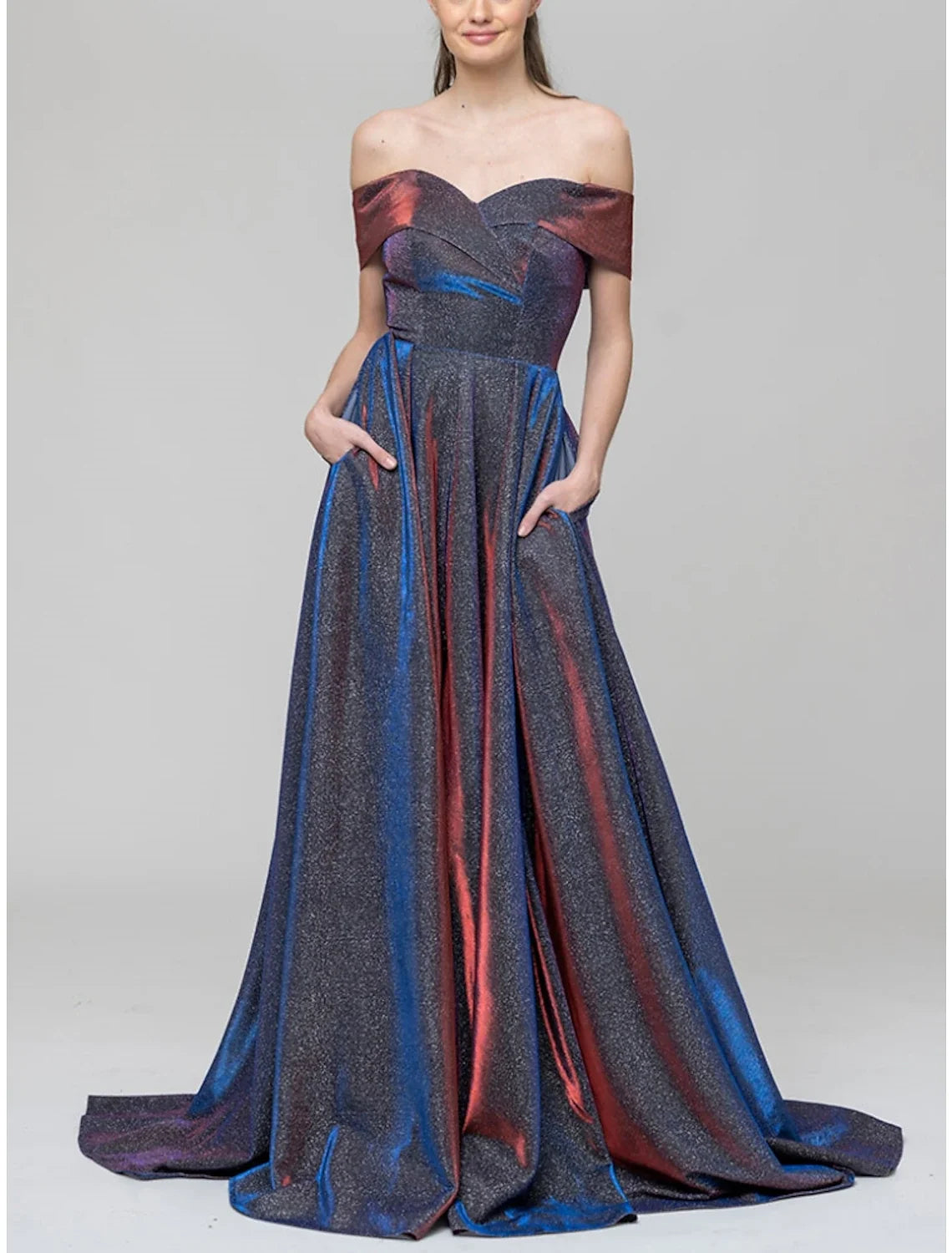 A-Line Evening Gown Sparkle & Shine Dress Formal Court Train Short Sleeve Off Shoulder Sequined with Glitter Pleats 2026