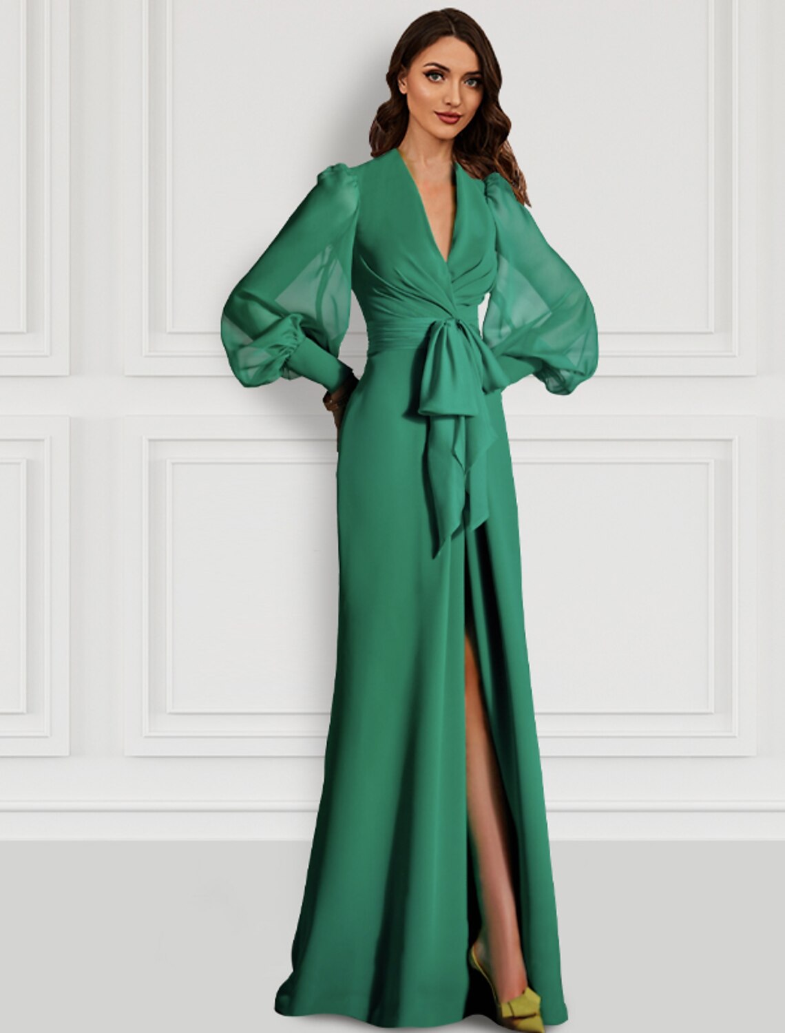 Mermaid Christmas Red Green Dress Evening Gown Elegant Dress Formal Wedding Guest Sweep / Brush Train Long Sleeve V Neck Fall Wedding Guest Chiffon with Slit Strappy 2026