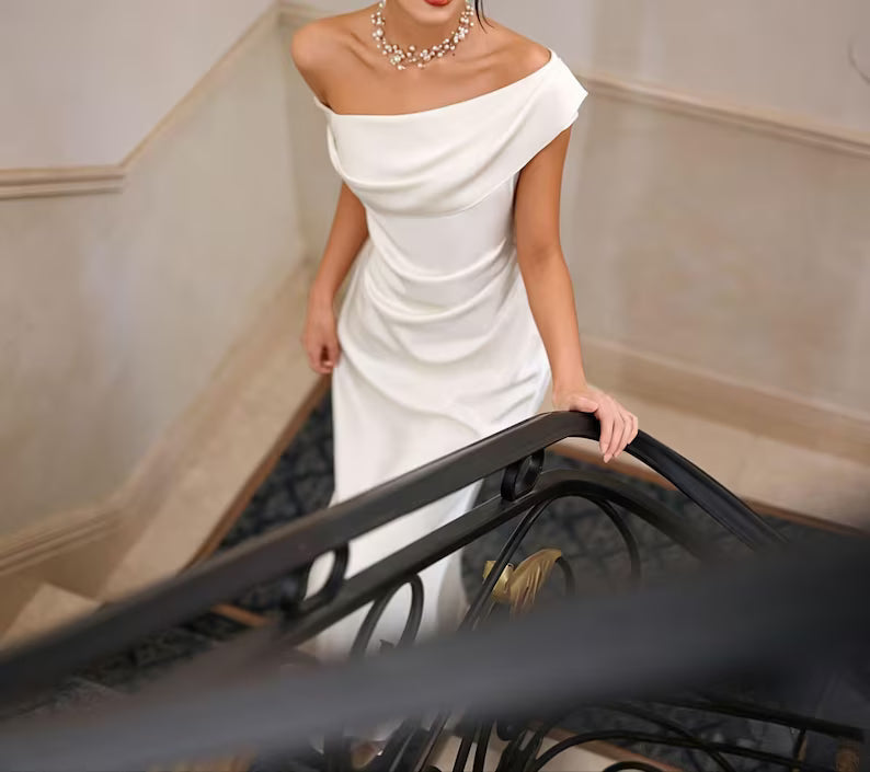 Elegant Off-the-Shoulder Satin Draped Mermaid Wedding Dress TP5927