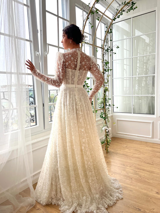 Elegant 3D Floral Sequin Beaded Sheer High Neck Illusion Long Sleeve 3D Floral Sequin Beaded Corset A-Line Wedding Dress TP5909