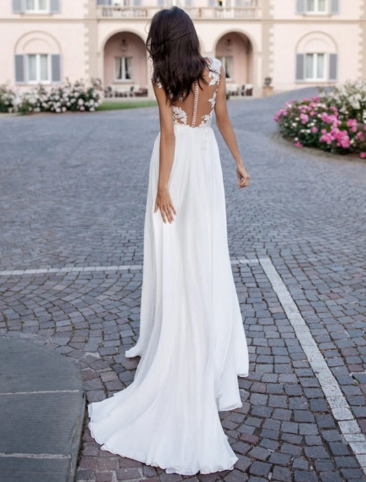 Beach Open Back Wedding Dresses A-Line Illusion Neck Cap Sleeve Sweep / Brush Train Chiffon Bridal Gowns With Appliques Split Front Summer Wedding Party, Women's Clothing