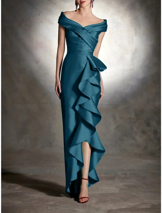Sheath Formal Dress Cocktail Dresses Christmas Red Green Dress Vintage Dress Formal Wedding Guest Asymmetrical Sleeveless Off Shoulder Satin with Ruffles 2026