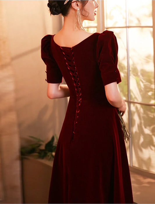 A-Line Cocktail Dresses Elegant Dress Wedding Guest Homecoming Tea Length Half Sleeve Scoop Neck Velvet with Buttons