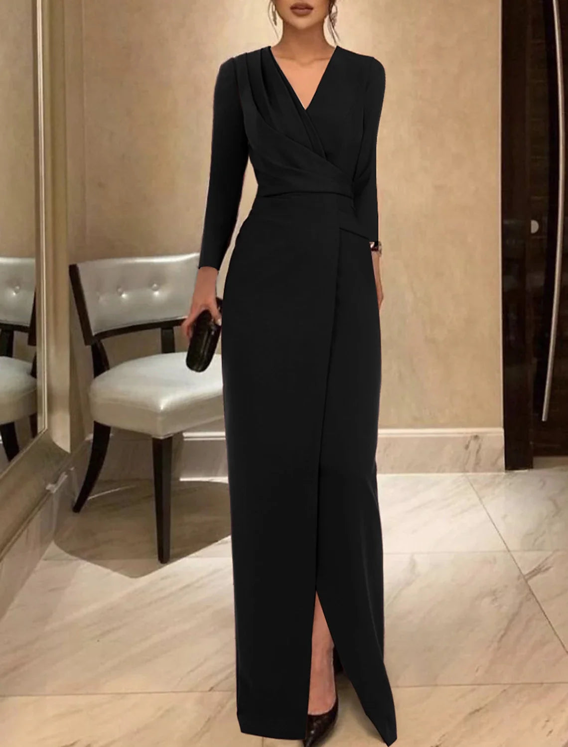 Sheath Black Dress Evening Gown Vintage Dress Formal Floor Length Long Sleeve V Neck Fabric with Ruched 2026