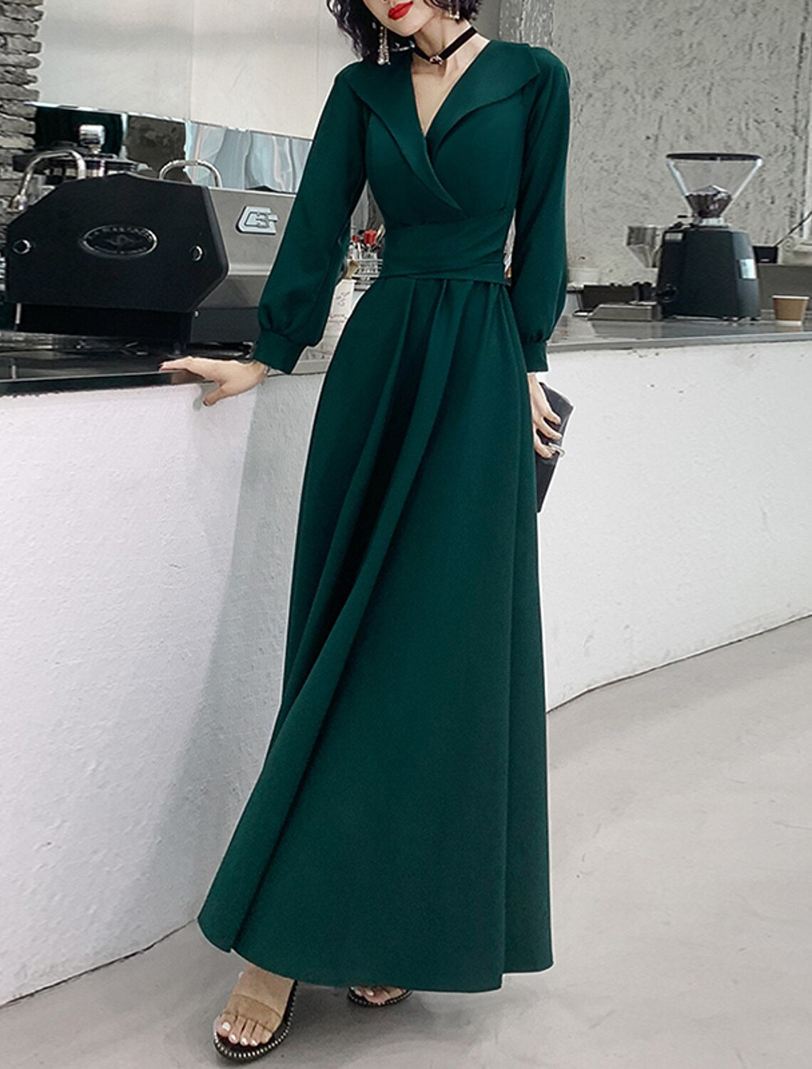 A-Line Evening Gown Minimalist Dress Prom Formal Evening Floor Length Long Sleeve V Neck Fabric with Sash / Ribbon
