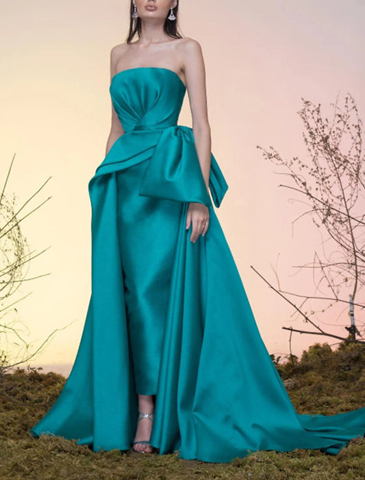 A-Line Party Dress Celebrity Style Elegant Vintage Wedding Guest Prom Dress Strapless Sleeveless Court Train Satin with Bow(s) Overskirt 2026