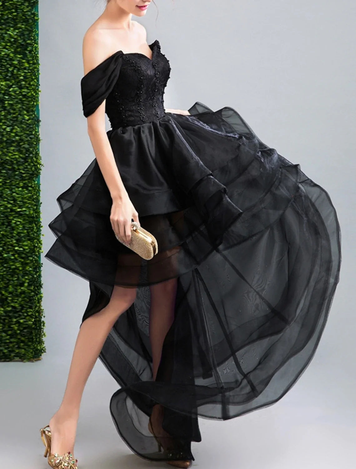 A-Line Prom Dresses Gothic Black Dress Party Wear Wedding Party Asymmetrical Sleeveless Off Shoulder Organza Backless with Ruffles Appliques 2026