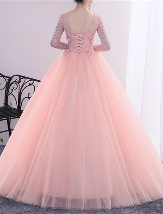 Ball Gown Quinceanera Dresses Princess Dress Performance Quinceanera Floor Length Long Sleeve V Neck Polyester with Crystals Appliques