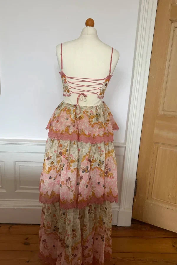 Orange Fashion Sweet Floral Layered Lace Long Prom Dress Prom Gowns Garden Prom Dresses