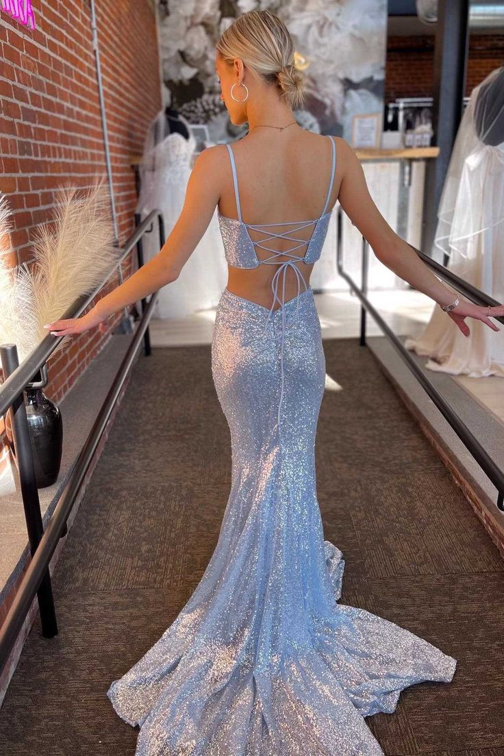 Light Blue Sequin Twist-Front Lace-Up Mermaid Long Prom Gowns