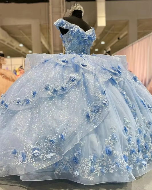 Light Blue Sparkly Off The Shoulder Appliques Prom Dress Quinceanera Dress Sweet 16 Prom Dresses Ball Gowns