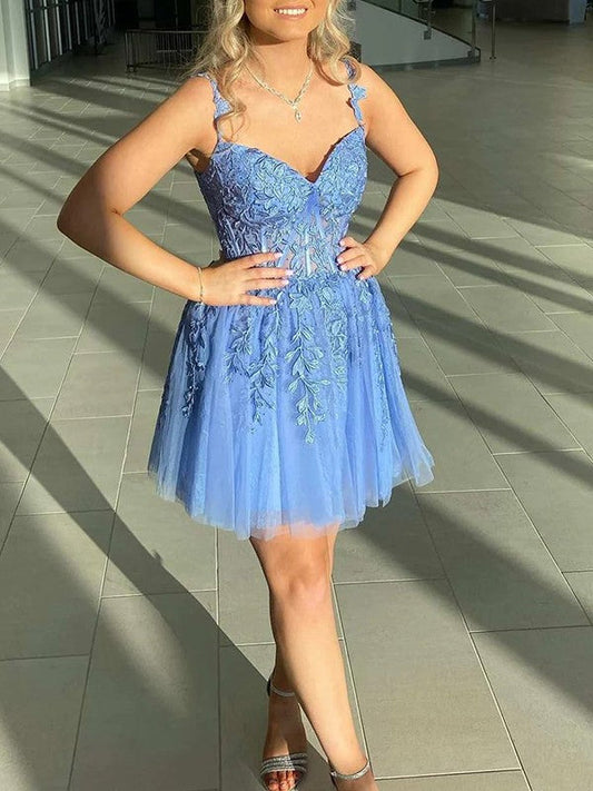 A-line Princess Tulle Applique Sweetheart Sleeveless Tight Bra Short Homecoming Dress