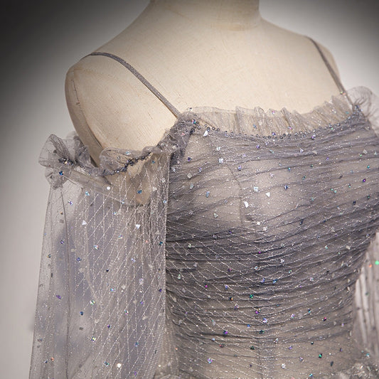 Grey Shiny Elegant Long Sleeves Long Tulle Prom Dress Prom Dress Prom Gowns Graduation Dresses