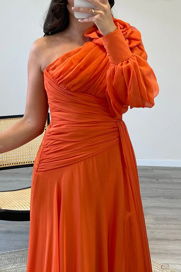 A-line shoulder chiffon pleated long style evening dress