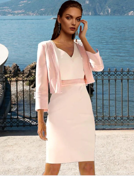 Two Piece Sheath / Column Mother of the Bride Dress Elegant V Neck Knee Length Chiffon Short Sleeve Short Jacket Dresses with Pleats Color Block